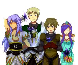 1girl 3boys armor arms_up bare_shoulders blonde_hair blue_eyes blue_hair blush brown_hair chrono_(series) chrono_cross dario dress closed_eyes flower glenn_(chrono_cross) hairband headband jewelry karsh long_hair mituihisasi multiple_boys necklace red_eyes riddel scar short_hair