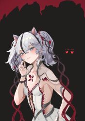 Rule 34 | 1girl, absurdres, animal ears, blue eyes, breasts, camellya (wuthering waves), cat ears, closed mouth, collar, collarbone, commentary, dark background, dress, earrings, english commentary, gold earrings, hair between eyes, hair vines, hand up, highres, jewelry, kemonomimi mode, light smile, looking at viewer, red pupils, short hair, sideless dress, small breasts, solo, upper body, white collar, white dress, wuthering waves, z1raell