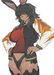 Rule 34 | warrior of light (ff14), black hair, black thighhighs, cameltoe, closed mouth, collarbone, covered navel, dark-skinned female, dark skin, ettone, final fantasy, final fantasy xiv, fingernails, flame print, from below, grey background, half-closed eyes, hands on own hips, highres, jacket, long hair, mole, mole under mouth, open clothes, open jacket, shiny skin, simple background, thighhighs, viera, yellow eyes