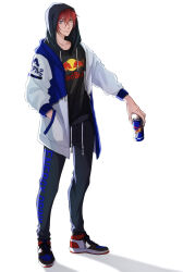 1boy black_hoodie black_pants black_shirt blue_eyes blue_jacket can closed_mouth collarbone commentary_request full_body hair_between_eyes hand_in_pocket heterochromia highres holding holding_can hood hood_up hoodie jacket looking_at_viewer male_focus mole mole_under_mouth moxamog multicolored_jacket open_clothes open_jacket original pants print_hoodie red_bull red_hair shadow shirt shoes simple_background sneakers solo standing two-tone_jacket white_background white_eyes white_jacket