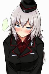 Rule 34 | &gt;:(, ..., 10s, 1girl, arms at sides, black jacket, blue eyes, blush, breasts, closed mouth, cross, female focus, frown, garrison cap, girls und panzer, hair between eyes, hat, heart, highres, itsumi erika, jacket, kuromorimine military uniform, large breasts, long hair, long sleeves, looking at viewer, military, military uniform, poshi (ginmokusei), red shirt, shirt, silver hair, solo, spoken ellipsis, upper body, v-shaped eyebrows