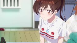 1boy 1girl animated audible_speech bouncing_breasts breasts brown_hair japanese_audio kanojo_okarishimasu large_breasts long_hair mizuhara_chizuru ponytail tagme video