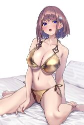 1girl :o absurdres alternate_costume baffu bare_arms bare_legs barefoot bed_sheet bikini blue_eyes blush bob_cut breasts brown_hair cleavage collarbone commentary earrings fingernails gold_bikini halterneck highres hitoyo_(baffu) jewelry large_breasts linea_alba looking_at_viewer nail_polish navel original pillow short_hair side-tie_bikini_bottom sitting skindentation solo stomach string_bikini swimsuit wariza