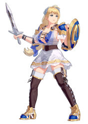1girl armor asymmetrical_dual_wielding blonde_hair blue_eyes boots breasts brown_boots cleavage dual_wielding full_body highres holding holding_shield holding_sword holding_weapon large_breasts long_hair shield shoulder_armor simple_background skirt solo sophitia_alexandra soul_calibur sword thigh_boots weapon white_background white_skirt yagi2013