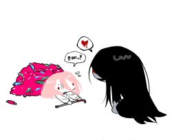 Rule 34 | 1boy, 1girl, bbabbamis2, black hair, black kimono, blood, blood on face, bloody weapon, candy, chibi, commentary request, crowbar, flying sweatdrops, food, heroine (homicipher), highres, holding, holding crowbar, homicipher, japanese clothes, kimono, korean commentary, korean text, long hair, mr. crawling, pile, pink hair, red eyes, simple background, translation request, very long hair, weapon, white background