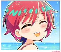 1girl ^_^ amate_yuzuriha artist_name blurry blurry_background blush blush_stickers border closed_eyes from_side gundam gundam_gquuuuuux namu76 ocean open_mouth outdoors red_hair short_hair smile solo sparkle strap teeth upper_teeth_only white_border