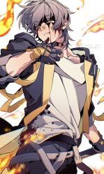 1boy absurdres arm_ribbon artist_name belt black_coat black_gloves black_pants blood blood_on_clothes blood_on_face blood_on_hands caelus_(honkai:_star_rail) closed_mouth coat collarbone cowboy_shot fingerless_gloves fingernails fire floating_clothes gloves grey_belt grey_hair hair_between_eyes hand_up highres holding holding_sword holding_weapon honkai:_star_rail honkai_(series) hood hooded_coat injury long_sleeves looking_at_viewer male_focus open_clothes open_coat pants ribbon rongyuan_gulu shirt short_hair simple_background solo standing sword t-shirt tongue tongue_out trailblazer_(honkai:_star_rail) two-sided_coat two-sided_fabric weapon white_background white_shirt yellow_coat yellow_eyes