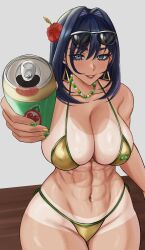 1girl abs absurdres bead_necklace beads bikini black_hair blue_eyes brazilian_flag brazilian_flag_bikini brazilian_flag_print breasts can earrings eyewear_on_head flag_print flag_print_bikini flower hair_flower hair_ornament highres holding holding_can hololive hololive_english jewelry large_breasts micro_bikini muscular muscular_female navel necklace ouro_kronii print_bikini red_flower sacrokies solo sunglasses swimsuit tan tanline triangle_earrings virtual_youtuber yellow_bikini