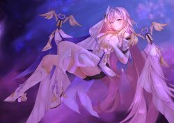 1girl absurdres bell black_shorts boots breasts commentary_request corset diamond-shaped_pupils diamond_(shape) elysia_(herrscher_of_human:_ego)_(honkai_impact) elysia_(honkai_impact) high_heel_boots high_heels highres honkai_(series) honkai_impact_3rd katal long_hair looking_at_viewer pink_hair purple_eyes purple_sky short_shorts shorts sky smile solo symbol-shaped_pupils thighs veil very_long_hair white_corset white_veil