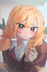 1girl blonde_hair blush breasts brown_cardigan cardigan chi_kan100 collared_shirt floating_hair furrowed_brow green_eyes green_ribbon hair_between_eyes hair_intakes hair_ribbon hand_up head_tilt highres inda_karane indoors kimi_no_koto_ga_dai_dai_dai_dai_daisuki_na_100-nin_no_kanojo light_particles long_hair long_sleeves looking_at_viewer low_twintails nose_blush ohananomitsu_high_school_uniform open_mouth ribbon school_uniform shirt small_breasts solo twintails twirling_hair upper_body v-shaped_eyebrows white_shirt