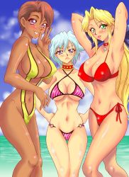 3girls annon annon_(wtvt) armpits beach bikini blonde_hair blue_eyes breasts brown_hair christie_(doa) dark-skinned_female dark_skin dead_or_alive green_eyes green_hair helena_douglas highres large_breasts lisa_hamilton long_hair multiple_girls ocean purple_eyes short_hair slingshot_swimsuit smile swimsuit tecmo v very_long_hair water