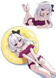 1girl ;d bare_arms bare_legs bare_shoulders barefoot bikini black_bow black_hairband blue_archive bow commentary deadnooodles elbow_rest feet_up hair_bow hairband hands_on_own_thighs head_rest highres innertube loli long_hair looking_at_viewer lying multiple_views mutsuki_(blue_archive) off-shoulder_bikini off_shoulder on_back on_stomach one_eye_closed open_mouth red_bikini red_eyes simple_background sketch smile swim_ring swimsuit the_pose v_arms white_background white_hair