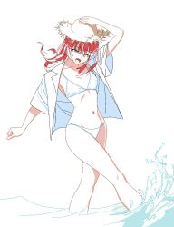 1girl bocchi_the_rock! ggm_(my_drawin5670) hat kita_ikuyo navel one_eye_closed red_hair shirt straw_hat swimsuit wading