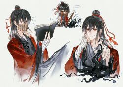 ... 1815983628 1boy bandaged_arm bandaged_chest bandaged_hand bandages black_hair black_hanfu book chibi chibi_inset chinese_clothes chinese_commentary closed_mouth coat coin coin_mask coin_on_string coin_sword covered_mouth creature dao_gui_yi_xian eyeball eyelashes gourd hair_between_eyes hair_bun hair_ribbon half_updo hand_on_own_cheek hand_on_own_chin hand_on_own_face hands_up hanfu head_rest highres holding holding_book holding_sword holding_weapon holed_coin li_huowang long_hair long_sleeves looking_at_object looking_at_viewer male_focus mask mouth_veil multiple_views open_book open_clothes open_coat reading red_coat red_eyes red_ribbon ribbon robe scroll shout_lines simple_background single_hair_bun sitting spoken_ellipsis standing sword tentacles upper_body veil watercolor_effect weapon white_background wide_sleeves