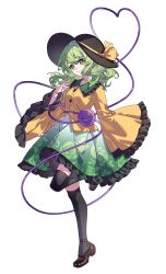 Rule 34 | 1girl, artist request, black hat, black thighhighs, breasts, brown shoes, buttons, closed mouth, commentary, commentary request, diamond button, english commentary, eyeball, floral print, frilled shirt collar, frilled skirt, frilled sleeves, frills, full body, green eyes, green hair, green skirt, hat, hat ribbon, heart, heart of string, highres, komeiji koishi, leg up, long hair, long sleeves, looking at viewer, mixed-language commentary, print skirt, ribbon, rose print, second-party source, shirt, shoes, skirt, small breasts, smile, solo, standing, standing on one leg, tachi-e, thighhighs, third eye, touhou, transparent background, wide sleeves, yellow ribbon, yellow shirt