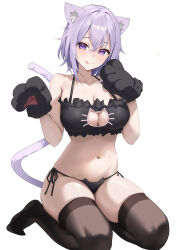 1girl :p absurdres ahoge animal_ears animal_hands black_bra black_panties bra breasts cat_cutout cat_ear_panties cat_ears cat_girl cat_lingerie cat_tail cleavage cleavage_cutout clothing_cutout commentary_request crossed_bangs double-parted_bangs frilled_bra frills gloves hair_between_eyes hands_up haro_art highres hololive large_breasts looking_at_viewer meme_attire messy_hair nekomata_okayu no_shoes paid_reward_available panties paw_gloves purple_eyes purple_hair short_hair side-tie_panties simple_background sitting solo tail tongue tongue_out underwear underwear_only virtual_youtuber white_background
