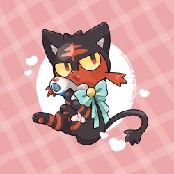 :d blush_stickers character_doll commentary_request daifuku_(pokefuka_art) doll fang gen_7_pokemon heart holding holding_doll litten nintendo no_humans open_mouth pokemon pokemon_(creature) smile solo wishiwashi