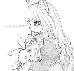 1girl alice_(alice_in_wonderland) alice_in_wonderland body_fur cat_girl dress english_text furrification furry furry_female greyscale holding holding_stuffed_toy juliet_sleeves kikurage_(crayon_arts) long_hair long_sleeves looking_to_the_side monochrome puffy_sleeves simple_background solo stuffed_animal stuffed_rabbit stuffed_toy upper_body very_long_hair white_background