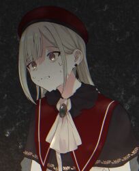1girl ascot bang_dream! bang_dream!_it&#039;s_mygo!!!!! beret black_capelet capelet green_brooch green_hair hanetsuka hat long_hair mortis_(bang_dream!) mortis_(costume)_(bang_dream!) red_hat sidelocks solo sweat upper_body wakaba_mutsumi white_ascot