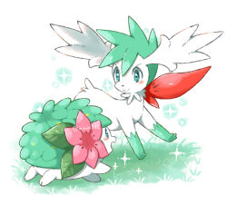 aimi_(aimia492) alternate_color animal_focus blush flower gen_4_pokemon grass green_eyes green_hair legendary_pokemon mythical_pokemon nintendo no_humans pokemon pokemon_(creature) shaymin shaymin_(land) shaymin_(sky) shiny_pokemon smile twitter_username white_background