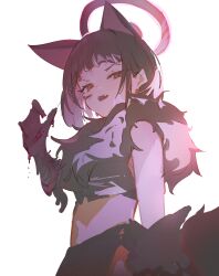 Rule 34 | 1girl, animal ears, bikini, black bikini, black gloves, black hair, blood, blood on clothes, blood on face, blue archive, cat ears, cat girl, elbow gloves, extra ears, fang, fur collar, gloves, halo, highres, kazusa (blue archive), kazusa (halloween) (blue archive), looking at viewer, multicolored hair, official alternate costume, open mouth, pink hair, pink halo, red eyes, short hair, solo, swimsuit, tota (sizukurubiks), two-tone hair, werewolf costume