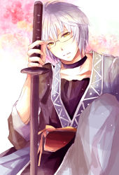 1boy bad_id bad_pixiv_id choker glasses gradient_background ichitaro katana male_focus morichika_rinnosuke short_hair solo sword touhou weapon white_background yellow_eyes