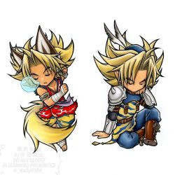 Rule 34 | 1boy, animal ears, animal print, arm behind head, armlet, bandaged arm, bandages, blonde hair, blue hat, blue pants, boots, brown boots, chibi, chibi only, hat, hat feather, head on hand, highres, hori wo, jewelry, kevin (seiken densetsu 3), male focus, multiple views, nose bubble, pants, parted bangs, parted lips, print pants, print tube top, red tunic, seiken densetsu, seiken densetsu 3, short hair, shoulder spikes, sitting, sleeping, solo, spikes, strapless, tiger print, tube top, tunic, twitter username, white background