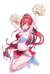 1girl akane_lize armpits blonde_hair breasts cheerleader cleavage full_body grey_eyes grey_hair highres holding holding_pom_poms looking_at_viewer mole mole_under_eye multicolored_hair navel one_eye_closed open_mouth pom_pom_(cheerleading) pom_poms red_hair red_skirt shoes simple_background skirt smile socks solo soymilk_arts2 stellive stomach streaked_hair virtual_youtuber white_background white_shoes white_socks
