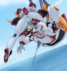 anus ass bad_id bad_pixiv_id blue_nipples blue_tongue blush breasts censored cleft_of_venus colored_nipples colored_skin colored_tongue darling_in_the_franxx heart heart_censor horns humanoid_robot looking_at_viewer mecha mecha_musume nipples open_mouth pochincoff pushing pussy red_eyes robot single_horn solo strelizia white_legwear white_skin