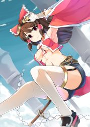 1girl adapted_costume armpits bad_id bad_pixiv_id bow breasts brown_eyes cloud day detached_sleeves female_focus garter_straps goggles goggles_on_head gohei hair_bow hairband hakurei_reimu haraegushi highres medium_breasts navel no_bra ocha_(ochappie) ofuda oonusa shorts sky solo touhou underboob white_legwear