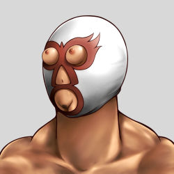 Rule 34 | 1other, :&gt;, androgynous, ao usagi, beard, breasts, facial hair, female pubic hair, fine art parody, grey background, lowres, misplaced genitals, navel, nipples, original, parody, pubic hair, pussy, simple background, solo, upper body, what, wrestling mask