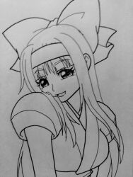 Rule 34 | 1girl, ainu clothes, breasts, hair ribbon, highres, large breasts, long hair, looking at viewer, monochrome, nakoruru, open mouth, ribbon, samurai spirits, sketch, smile, snk, solo, the king of fighters, tongue, traditional media