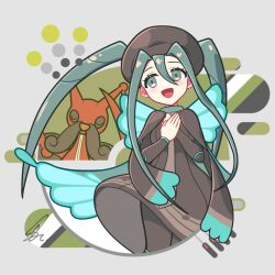 1girl back_bow black_pantyhose blue_eyes blue_hair blue_trim bow brown_dress brown_necktie bug_miku_(project_voltage) closed_eyes dress eyelashes gen_4_pokemon grey_background hair_between_eyes hand_on_own_chest hatsune_miku kricketune long_hair musical_staff musical_staff_print necktie nintendo open_mouth pantyhose pokemon pokemon_(creature) project_voltage saihate_(d3) signature twintails vocaloid