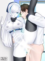 1boy 1girl against_wall artist_name azur_lane black_thighhighs blue_bow blue_eyes blue_hair bow breasts breasts_out brown_hair censored colored_nipples colored_skin commander_(azur_lane) dress eyes_visible_through_hair grey_nipples hair_bow hair_over_one_eye hetero high_ponytail jay156 large_breasts leg_up light_censor long_hair military_uniform multicolored_hair nipples paid_reward_available penis pleated_skirt ponytail sex short_hair signature skirt split standing standing_on_one_leg standing_split streaked_hair swept_bangs tb_(azur_lane) tb_(type-l)_(azur_lane) thighhighs white_dress white_hair white_skin white_skirt
