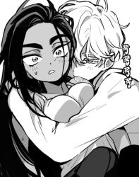 1boy 1girl alien_stage blush half-closed_eyes hashtag-only_commentary hetero hug hug_from_side hyuna_(alien_stage) long_hair long_sleeves looking_at_another looking_at_viewer lubya luka_(alien_stage) monochrome saliva shirt short_hair simple_background surprised sweatdrop tank_top thick_eyebrows upper_body white_background
