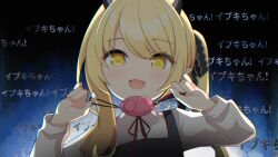 Rule 34 | 1girl, absurdres, black dress, black horns, black ribbon, blonde hair, blue archive, blush, close-up, collared shirt, commentary request, crime prevention buzzer, crime prevention buzzer threat, demon horns, dress, hair ribbon, hands up, highres, holding, horns, ibuki (blue archive), korean commentary, long hair, long sleeves, looking at viewer, neck ribbon, open mouth, partial commentary, pointy ears, poorunii, red ribbon, ribbon, shirt, shukusei!! loli-kami requiem, side ponytail, sidelocks, solo, white shirt, yellow eyes