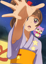 1girl alternate_hairstyle amanogawa_kirara armpit_peek aroma_(go!_princess_precure) brown_hair go!_princess_precure haruyama_kazunori japanese_clothes kimono precure purple_eyes short_hair side_ponytail sky yukata
