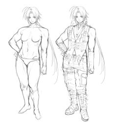 1girl boots breasts choker closed_mouth collarbone cross cross_choker dahlia_(meisharan) dog_tags highres jewelry long_hair meisharan muscular muscular_female navel necklace no_nipples original panties pants ponytail simple_background sketch sleeveless small_breasts standing underwear very_long_hair white_background