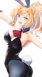 1girl animal_ear_hairband animal_ears ass bare_shoulders black_leotard black_pantyhose blonde_hair blue_eyes blush bow bowtie breasts cleavage covered_navel detached_collar drill_hair fake_animal_ears fake_tail hairband highres honolulu_(kancolle) kantai_collection large_breasts leotard long_hair looking_at_viewer open_mouth pantyhose playboy_bunny ponytail rabbit_ear_hairband rabbit_ears rabbit_tail smile solo strapless strapless_leotard tail traditional_bowtie tsukasa_(tukasa_br) white_background white_wrist_cuffs wrist_cuffs