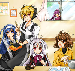 1boy 4girls ahoge apron black_hair blonde_hair blue_eyes blue_hair brown_eyes brown_hair chopsticks cooking flat_chest food frying_pan hair_ornament hairband hairclip highres hood hoodie huge_ahoge kido_hyde linne_(under_night_in-birth) long_hair minatsu_(popsta) multicolored_hair multiple_girls omelet onigiri orange_shirt orie_ballardiae_harada purple_hair red_eyes shirt short_hair smile spoon sweatdrop two-tone_hair under_night_in-birth vatista_(under_night_in-birth) white_hair yuzuriha_(under_night_in-birth)