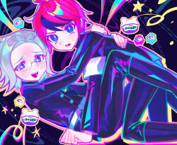 2boys aotsuki_eito armband belt black_belt black_hair black_jacket black_pants blue_eyes blush bright_pupils buttons commentary forehead_blush grey_hair hands_on_another&#039;s_back highres iro_(mywife_sunny) jacket last_defense_academy_school_uniform long_sleeves male_focus multiple_boys open_mouth pants red_hair school_invader_(hundred_line) school_uniform short_hair smile star_(symbol) sumino_takumi sweat symbol-only_commentary tareme teeth the_hundred_line_-last_defense_academy- tsurime upper_teeth_only white_armband white_belt white_pupils yaoi