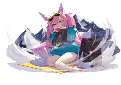 1girl absurdres animal_ears bare_legs barefoot blue_eyes blush closed_mouth fox_ears fox_girl frilled_jacket frills full_body goggles goggles_on_head hair_between_eyes half-closed_eyes hand_up head_tilt highres indie_virtual_youtuber jacket long_bangs long_hair long_sleeves looking_at_viewer mountain outdoors pink_hair seductive_smile shippitsu sidelocks sitting sleeves_past_wrists smile solo teletha_(vtuber) thighs very_long_hair