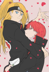 2boys :3 akatsuki_uniform asymmetrical_bangs blonde_hair closed_mouth deidara_(naruto) envelope extra_mouth forehead_protector green_nails hayamin35 heart high_ponytail highres holding holding_envelope hug implied_yaoi long_hair looking_at_viewer male_focus multiple_boys naruto_(series) naruto_shippuuden parted_lips pink_background ponytail red_eyes red_hair robe sasori_(naruto) short_hair simple_background smile