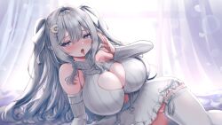 0806ohji 1girl blush breasts cleavage cleavage_cutout clothing_cutout commentary_request crescent crescent_hair_ornament curtains detached_sleeves fellatio_gesture grey_hair grey_sweater hair_between_eyes hair_ornament hair_ribbon huge_breasts indoors large_breasts long_hair looking_at_viewer lying on_side original pointy_ears purple_eyes ribbed_sweater ribbon sideways_glance sweater thighhighs tongue turtleneck turtleneck_sweater two_side_up white_thighhighs