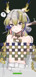 Rule 34 | 1girl, ?, absurdres, aoe (tiranporan), arknights, blonde hair, blue hair, breakout, breasts, closed mouth, collarbone, dragon girl, dragon horns, earrings, eastern dragon horns, eyeliner, grey hair, hair between eyes, highres, horns, jewelry, long hair, makeup, multicolored hair, necklace, orange eyeliner, pointy ears, shu (arknights), small breasts, smile, solo, speech bubble, spoken question mark, tassel, tassel earrings, topless female, upper body