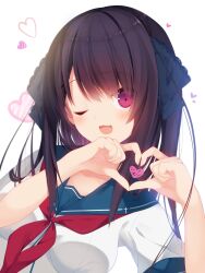 Rule 34 | 1girl, ;3, ;d, absurdres, ao no kanata no four rhythm, black hair, black ribbon, blue sailor collar, blush, breasts, commentary, eyes visible through hair, fang, four-finger heart hands, fuwa mochiri, hair between eyes, hair over shoulder, hair ribbon, hands up, happy, heart, heart hands, heart in heart hands, highres, lace, lace-trimmed ribbon, lace trim, large breasts, long hair, looking at viewer, mole, neckerchief, one eye closed, open mouth, red eyes, red neckerchief, ribbon, sailor collar, school uniform, serafuku, shirt, short sleeves, sidelocks, simple background, skin fang, smile, solo, straight hair, symbol-only commentary, tobisawa misaki, upper body, white background, white shirt