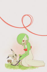 Rule 34 | 1girl, :o, alternate color, black eyes, blank eyes, blush, bob cut, clover, colored skin, female focus, flat chest, four-leaf clover, full body, gardevoir, gen 3 pokemon, gen 7 pokemon, grass, green hair, green skin, hair over one eye, holding hands, looking down, mimikyu, multicolored skin, nintendo, on ground, one eye covered, open mouth, pokemon, pokemon (creature), red eyes, rento, shiny pokemon, short hair, sitting, solid oval eyes, string of fate, tears, two-tone skin, white background, white skin, wide-eyed, yokozuwari