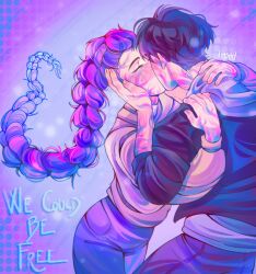Rule 34 | 1boy, 1girl, black hair, black jacket, blue pants, brown sweater, casual, demon boy, demon girl, ekashu x, hetero, highres, jacket, jinu (kpop demon hunters), kiss, kpop demon hunters, long hair, pants, purple hair, rumi (kpop demon hunters), short hair, sweater, very long hair