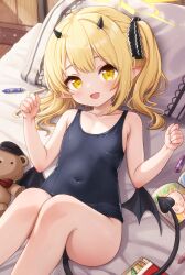 1girl :d absurdres bare_shoulders bed black_horns black_tail black_wings blonde_hair blue_archive blush commentary comodox covered_navel crayon demon_girl demon_horns demon_tail demon_wings ear_blush english_commentary feet_out_of_frame flat_chest halo hands_up highres horns ibuki_(blue_archive) knees_up loli looking_at_viewer low_wings lying navel old_school_swimsuit on_bed one-piece_swimsuit open_mouth paid_reward_available peroro_(blue_archive) pillow pointy_ears school_swimsuit side_ponytail smile solo stuffed_toy swimsuit tail thighs variant_set wings wooden_floor wooden_wall yellow_eyes yellow_halo