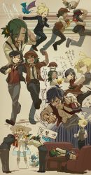 1girl 3boys alternate_costume arm_around_shoulder bad_id bad_twitter_id black_hair blonde_hair boots bouquet brionne newsboy_cap couch dark-skinned_male dark_skin dress elio_(pokemon) flower formal_clothes gen_1_pokemon gen_7_pokemon gladion_(pokemon) green_hair green_necktie hair_down hair_ornament hair_over_one_eye hairclip hat hau_(pokemon) highres jacket lillie_(pokemon) low_ponytail multiple_boys natsuno_hamuto necktie nintendo pikachu pokemon pokemon_(creature) pokemon_sm ponytail rowlet running see-through_clothes sidelocks striped_necktie striped_neckwear sun_hat white_dress zubat